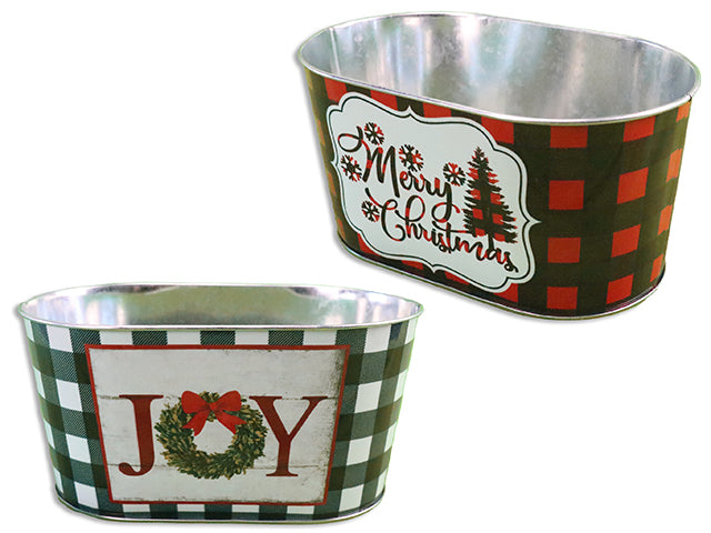 4.5in(H) Xmas Buffalo Plaid Oblong Metal Bucket. 8-7/8in(L) x 5-1/8in(W) Top Dia. 2 Asst.Styles.