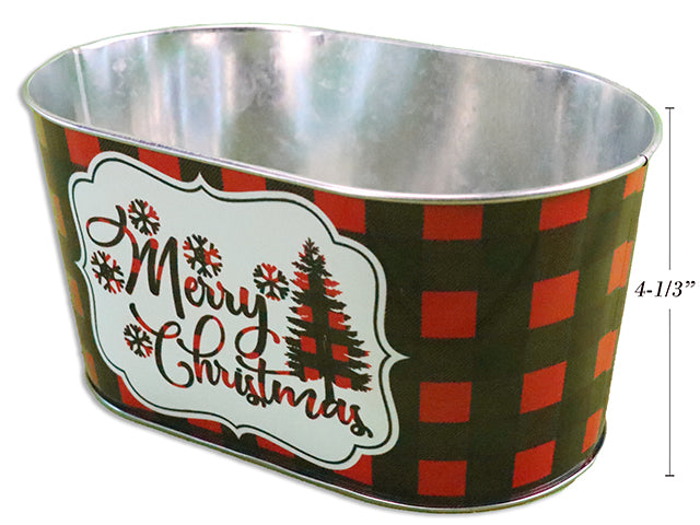 4.5in(H) Xmas Buffalo Plaid Oblong Metal Bucket. 8-7/8in(L) x 5-1/8in(W) Top Dia. 2 Asst.Styles.