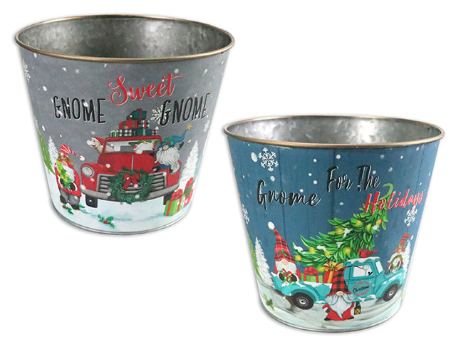 7.25in(D) x 6.25in(H) Galvanized Xmas Gnome Round Metal Bucket. 2 Asst.Styles.