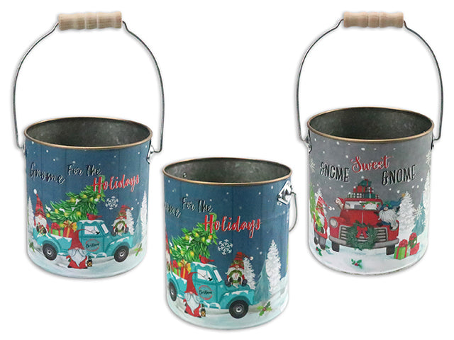 Set/2 Xmas Gnome Round Metal Bucket w/Wooden Handle. 2 Sizes x 2 Asst. Cht.