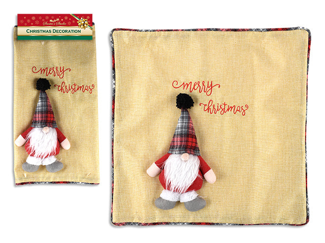 17.75in Xmas Jute Cushion Cover w/Farmhouse Plaid 3-D Gnome & Border. No Stuffing Included. h/c.