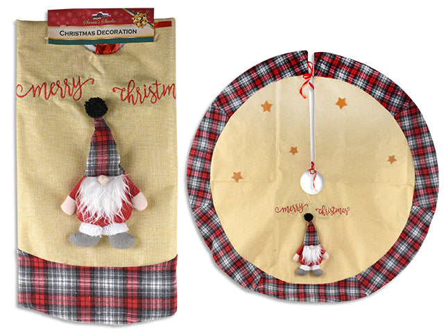 42in Xmas Jute Tree Skirt with Farmhouse Plaid 3-D Gnome & Border. h/c.