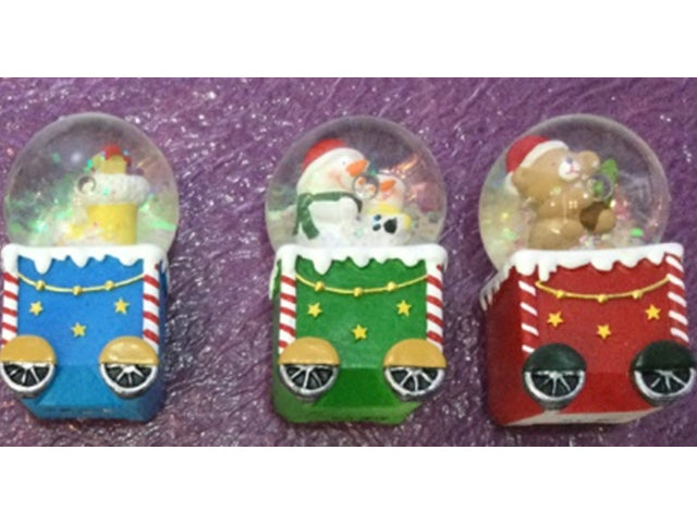 3in Xmas Polyresin Train Water Globe. 45mm Globe. 3 Asst.Styles. 12/Styrofoam Dsp.