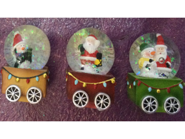 2.5in Xmas Polyresin Train Water Globe. 45mm Globe. 3 Asst.Styles. 12/Styrofoam Dsp.