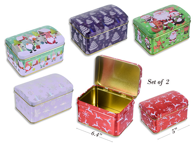 Set/2 Xmas Metallic Laser Printed Tin Treasure Chest Box. 5 Asst.Styles.