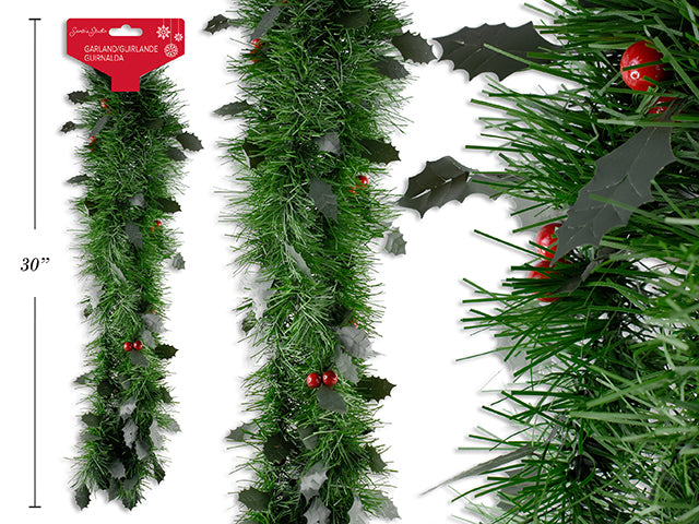 6.5Ft X 3Ply Xmas Pine Garland W/Holly Berries + Matte Holly Leaves. 3In Tips. H/C.