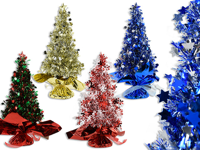 10.25In Die-Cut Snowflake Tinsel Tree Table Top Decor W/ Star Tree Topper. 4 Asst.Colours. Cht.