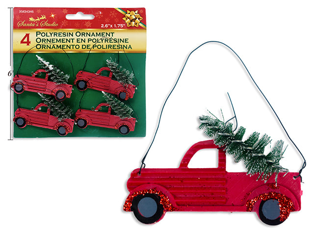 4Pk 2-5/8In X 1.75In Polyresin Xmastruck W/Tree Ornament W/Metal Hanger. T.O.C.