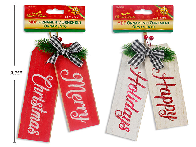 7.25In X5-7/8In Xmas Mdf Luggage Style Ornament W/Buffalo Plaid Bow + Pine. 2 Asst.Colours. H/C.