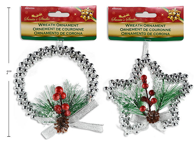 Xmas Die-Cut Beaded Wreath Ornament W/Bow + Pines + Berries. 2 Asst. Styles: Round / Star. H/C.