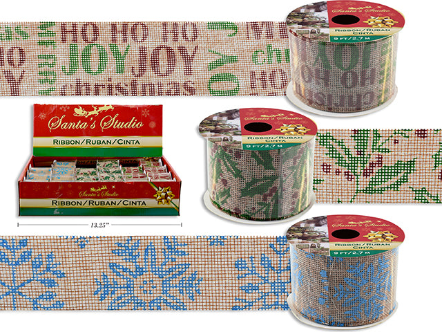 3yd Xmas Printed Canvas Ribbon in Dsp. 2in(W). 3 Asst.Styles. 20/Dsp.