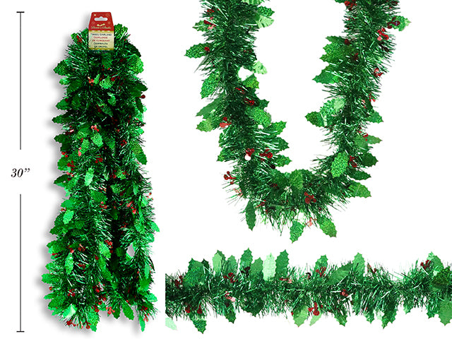 8.8ft x 5ply Xmas Tinsel Garland w/Holly Berries & Leaves. ?in Tips. h/c.