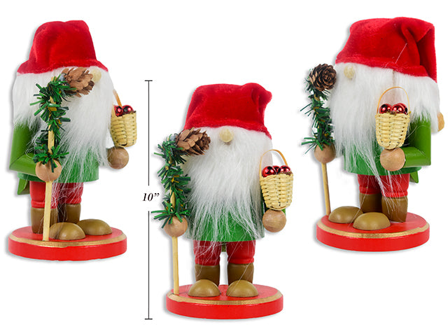 10in(H) x 3-3/8(BD) Xmas Wooden Gnome Nutcracker w/ Santa Hat on Red Base.