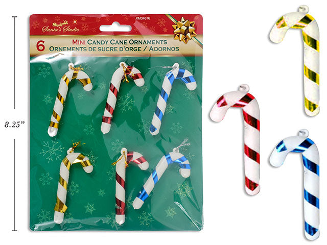 6Pk 2-7/8In X 2-1/8In Xmas Mini Candy Cane Ornaments W/Bow. 4 Asst.Colours. T.O.C.