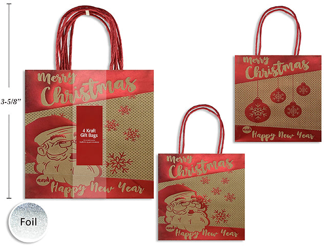 2Pk Xmas Kraft Foil Printed Giftbag W/Twisted Red Paper Hanger. 2 Asst.Styles.