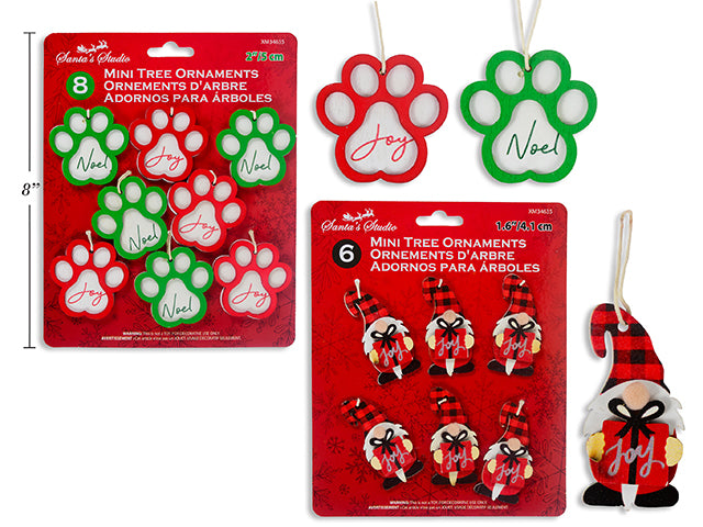 Xmas 2-Layer Wooden Mini Tree Ornaments. 2 Asst: 6Pk Paw Print / 8Pk Buffalo Plaid Gnome. T.O.C.