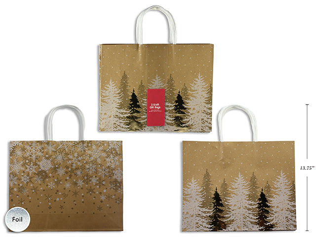 2Pk Xmas Kraft Foil Tree Giftbag W/White Paper Hanger.