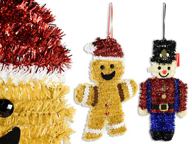 Xmas Tinsel Hanging Plaque. 2 Assorted: 13.5in Gingerbread / 14.25in Nutcracker. Cht.