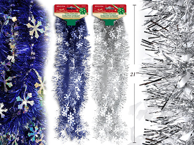 6.5Ft X 5Ply Xmas Tinsel Garland W/Snowflake. 2.5In Tips. 2 Asst.Colours. H/C.