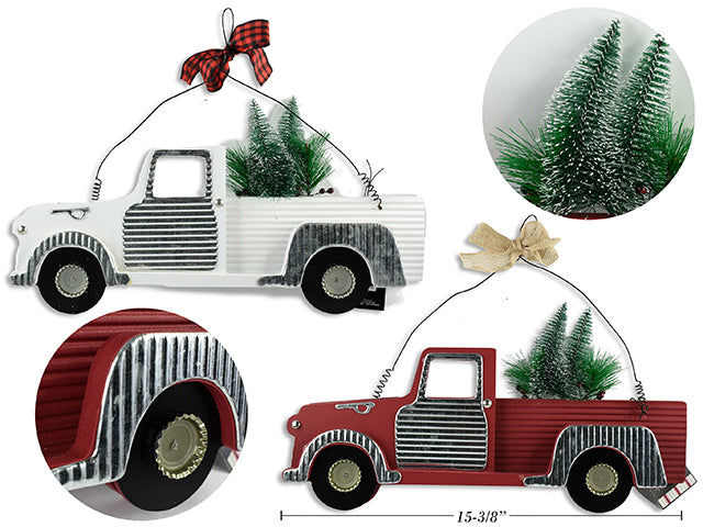 15-3/8In Xmas Truck Wooden Plaque W/Xmas Trees & Galvanized Rim+Door. Metal Hanger W/Bow. 2 Cols.