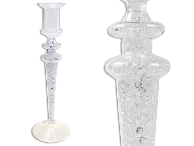 9-5/8in(H) Xmas Clear Taper Glass Candle Holder w/ Crystal Bead Stem.