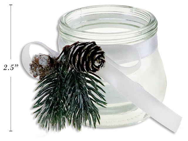 3In Xmas Clear Glass Candle Holder W/ Pinecone & Leaves + Ribbon.