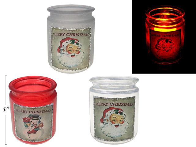 4In Xmas Vintage Santa/Snowman Frosted Glass Candle Holder W/Glitter. 3 Asst.Col: 2 Asst Style.