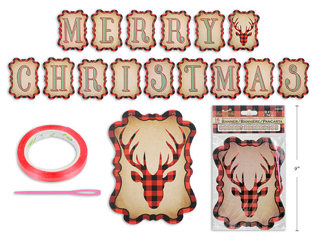 9Ft 16Pcs Xmas Buffalo Plaid Merry Xmas Banner. Incl: Needle + Satin String For Stringing. Pbh.