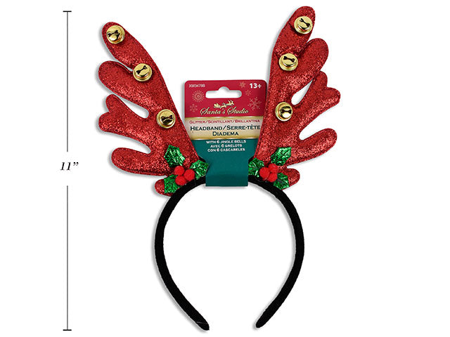 11in Xmas Shimmering Glitter Reindeer Antler Headband w/ 6pcs 15mm Jingle Bells. Red Only. Pbh.