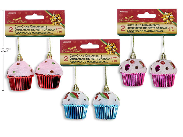 2Pk 2.75In(H) X 2-1/8In(D) Xmas Glitter Top Electroplated Cup Cake Ornaments. 3 Cols. H/C.