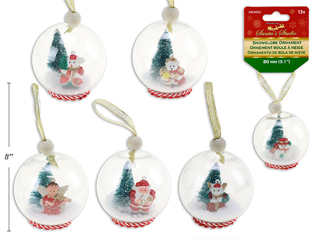 80Mm Xmas Snowglobe Ornament W/3-D Character + Tree. Tinsel Ribbon Hanger W/Bead. H/C.