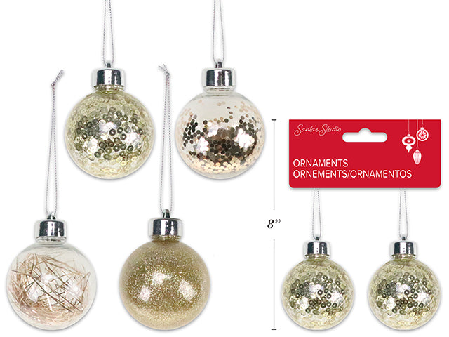 2Pk 60Mm Xmas Glitter Gold Ball Ornaments Assortment W/String. 4 Asst.Styles. H/C.