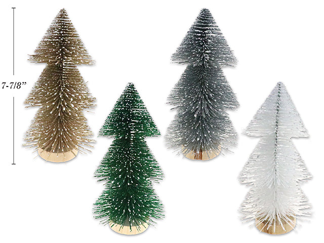 7-7/8In (20Cm) Snow Dusted Bottle Brush Tree Decoration On Wood Stand. 4 Asst.Colours.