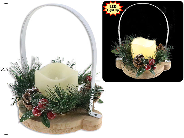 8.5in x 6.5in Xmas B/O LED Wooden Candle Holder w/Leave+Pinecone+Berries & Metal Handle. Cht.