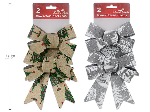 2Pk 7-7/8In X 5.5In 5-Loop Printed Xmas Tree Burlap Pvc Bow. 2 Asst.Colours. T.O.C.