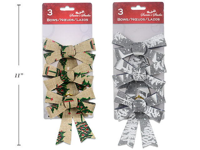 3Pk 5.5In X 4In 5-Loop Printed Xmas Tree Burlap Pvc Bow. 2 Asst.Colours. T.O.C.