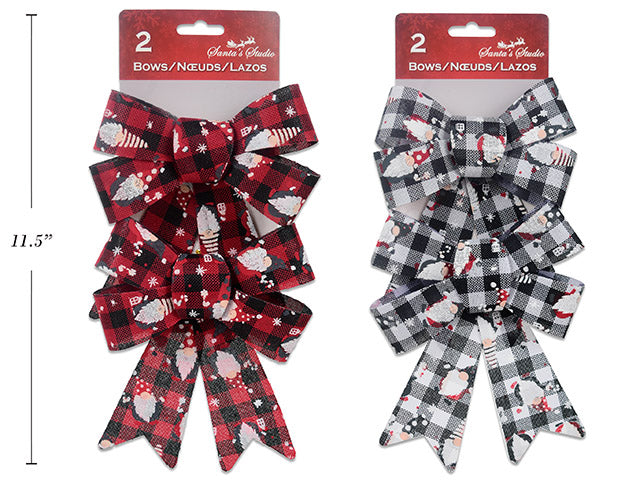 2Pk 7-7/8In X 5.5In Xmas 5-Loop Bufflao Plaid Printed Gnome Burlap Pvc Bow. 2 Asst.Cols. T.O.C.