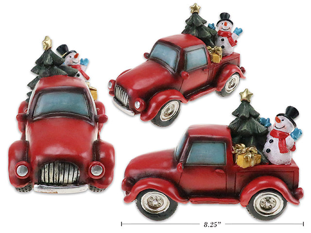 8.25In X 5-7/8In Xmas Polyresin Snowman In Vintage Car.