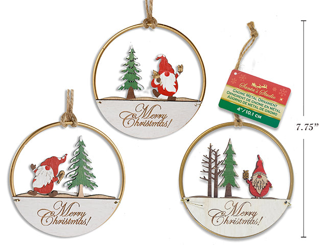 4In(D) Xmas Round Metal Ornament W/ Wooden Die-Cut Gnome Scene. Jute Hanger. 3 Asst.Styles. Cht.