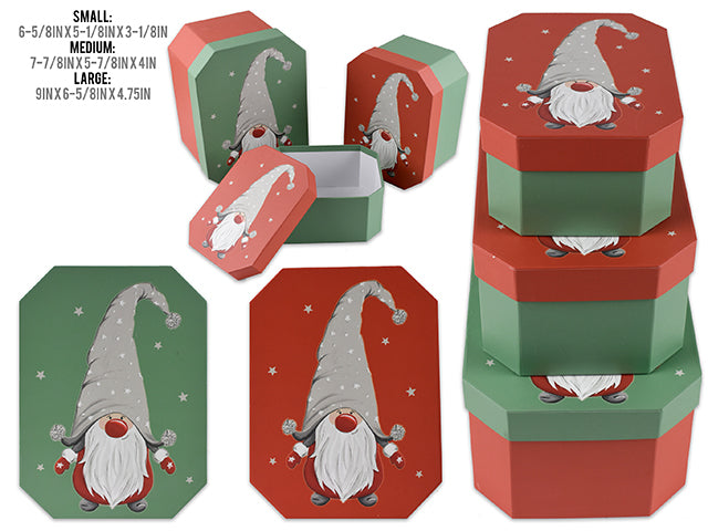 Set/3 Xmas Matte Octangle Gnome Gift Boxes. Large