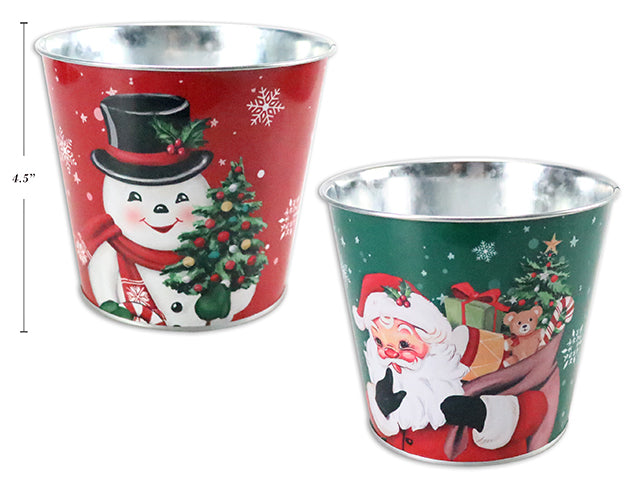 5-1/8In (Dia) X 4.5In (H) Xmas Vintage Santa / Snowman Metal Bucket. 2 Asst.Styles.