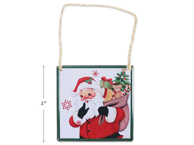 5In Xmas Vintage Santa / Snowman Square Metal Plaque W/Jute Hanger.