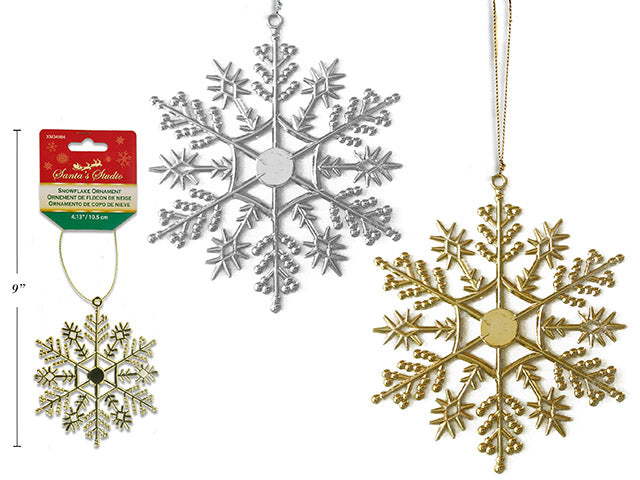 4.5In Xmas Glossy Snowflake Ornament W/String. 2 Asst.Colours: Gold / Siver.