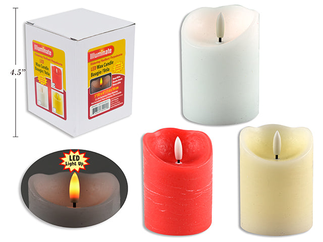 4In(H) X 3In(D) Xmas B/O Led Flickering Wax Candle W/Warm White Bullet Flame. 3 Asst.Colours.