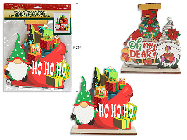 5-7/8in (W) x 6in (H) Xmas Gnome Wooden Die-Cut Tabletop Decoration w/Stand. 2 Asst. StylesPbh.