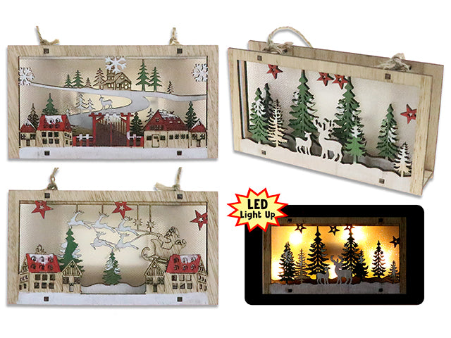 5-1/8in x 2-7/8in Xmas B/O 5-LED 2-Layered Wooden Die-Cut Scene w/Jute Hanger.3 Asst.Styles.