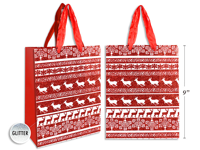 Xmas Matte Jacquard w/Full Glitter Reindeer Giftbag-Medium w/Satin Handle. J-Hook