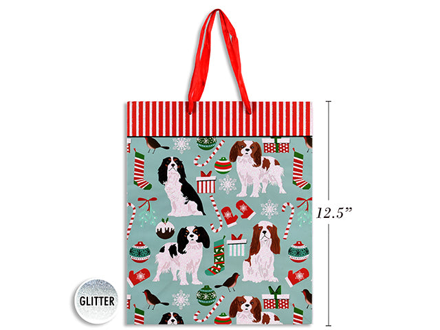 Xmas Matte w/Glitter Dog Giftbag - Large w/Red Satin Handle.J-Hook.