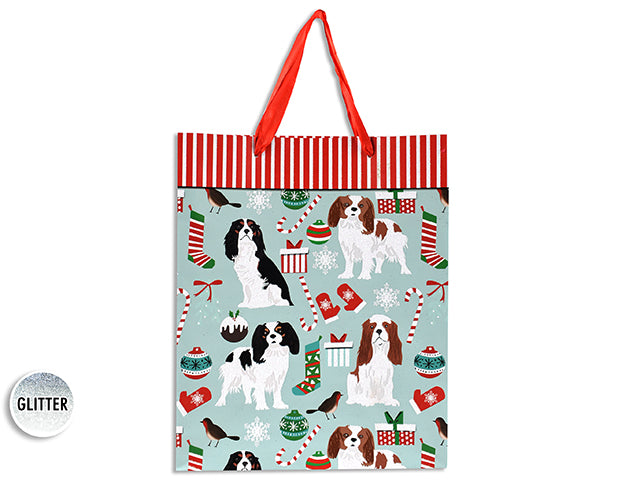 Xmas Matte w/Glitter Dog Giftbag - Large w/Red Satin Handle.J-Hook.