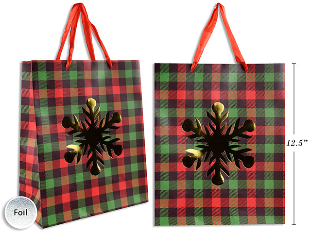 Xmas Matte Plaid Gold Foil Hotstamp Snowflake - Large w/Red Satin Handle. J-Hook.